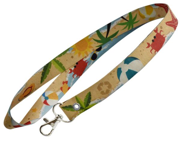 Yellow sustainable lanyard made of waterproof washable paper (washpaper) with sublimation print and a single carabiner. Available at AMGS Group.