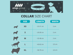Size chart for custom personalized dog collars showing measurements for XS to XL sizes.