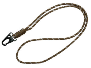 Braided paracord lanyard with tactical carabiner in brown. Gadget available at AMGS Group.
