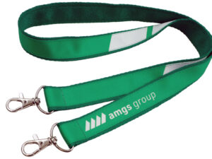 Green embroidered lanyard with two hooks and high-quality sublimation print. Available exclusively at AMGS Group.