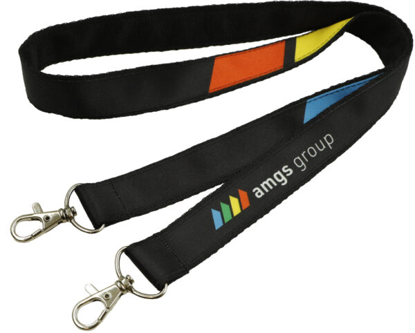 Double-Layer Lanyard With Double Hooks ensuring secure attachment for dual-hole ID badges. Full sublimation print for vivid branding. Provided by AMGS Group.