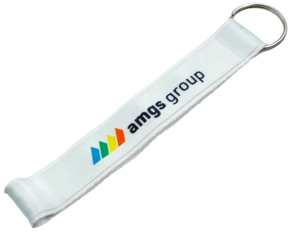 Custom Short Double-Layer Lanyard with Ring. Detailed view of white keychain with a double-layer strap. A practical advertising gadget from AMGS Group.