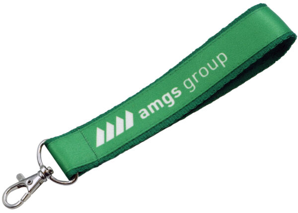 Short stitched keychain with green bottom strap and top layer. Printed using sublimation technology. Available at AMGS Group.