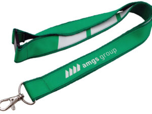 Double-layer lanyard with sublimated top strap and safety breakaway clasp, finished with a carabiner. A solid and functional advertising lanyard available from AMGS Group.