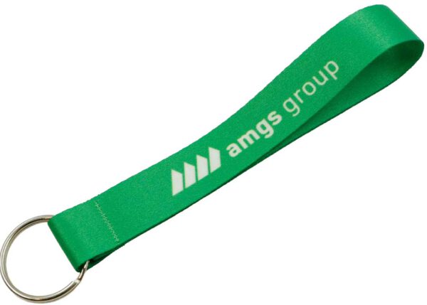 A short green polyester keychain with a metal keyring. A convenient promotional item from AMGS Group.