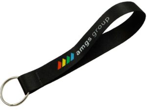 Black polyester keychain with sublimation print featuring the AMGS Group logo. Short lanyard with key ring.