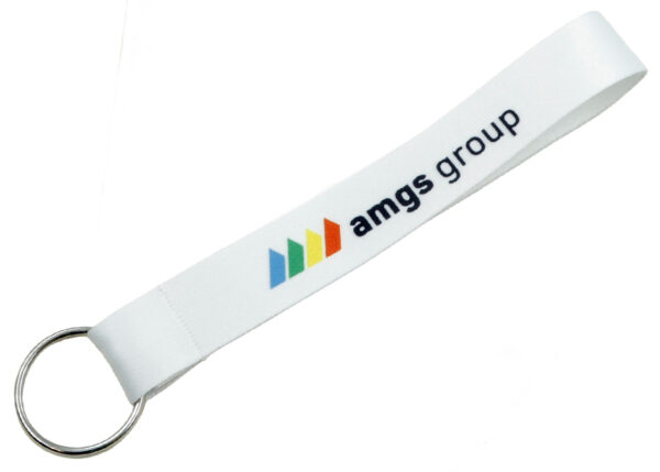Custom Short Polyester Lanyard with Ring in white with a sublimation print. From AMGS Group.