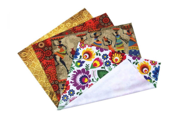 Custom microfiber cloth with vivid folk print – perfect for cleaning glasses, screens and smartphones, available from AMGS Group.