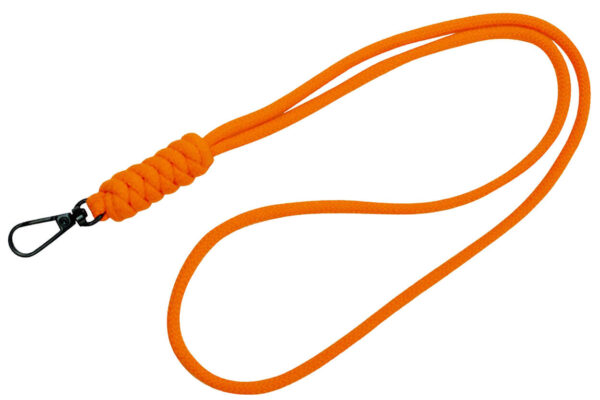 Long braided paracord lanyard with customization option and carabiner. From AMGS Group.