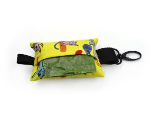 Detailed view of a colorful, customizable dog poop bag holder with fun cat patterns and a durable carabiner hook.