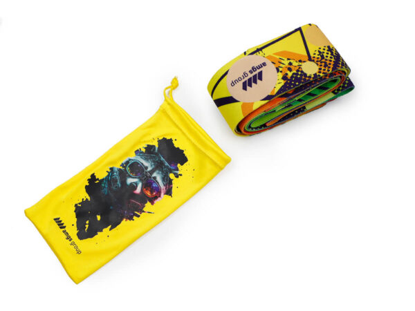 Custom resistance band with sublimation print and branded microfiber pouch featuring AMGS GROUP logo.