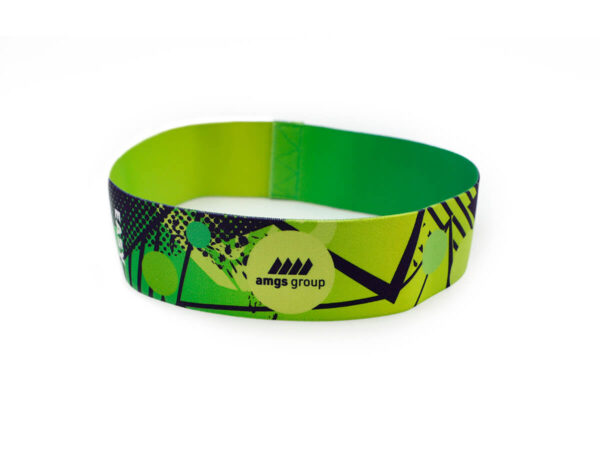Green elastic resistance band with sublimated AMGS GROUP branding, labeled EASY for light intensity.