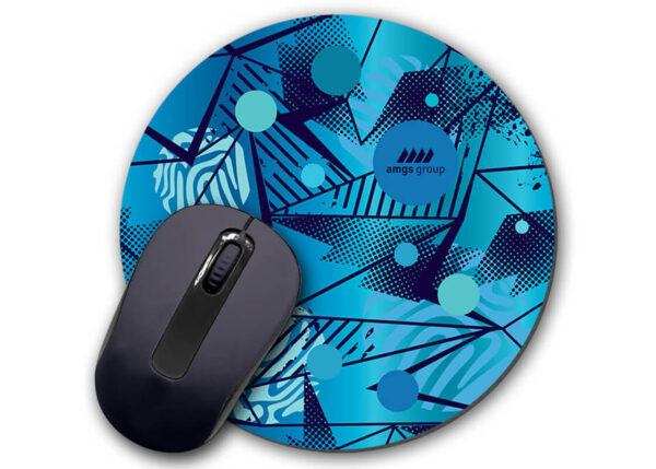 Blue brandedround mouse mat with company logo – round promotional accessory from AMGS Group.