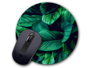 Round custom printed mouse mat with leaf design – promotional desk accessory.