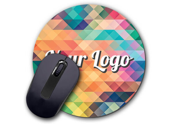Custom printed mouse mat with colorful tribal pattern – ideal for branding.