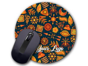 Full-color branded mouse pad with logo – round promotional mouse mat from AMGS Group.