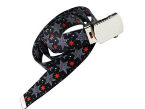 Polyester promotional belt with sublimated star pattern and silver clasp.