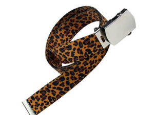 Fashionable polyester belt with sublimation leopard print and metal buckle.