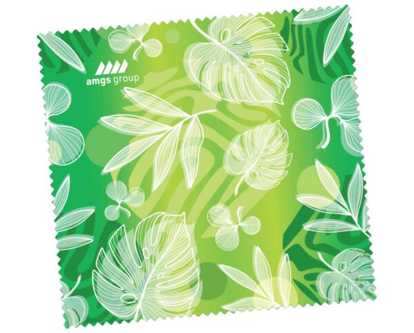 Green microfiber cloth with tropical sublimation print and AMGS Group logo.
