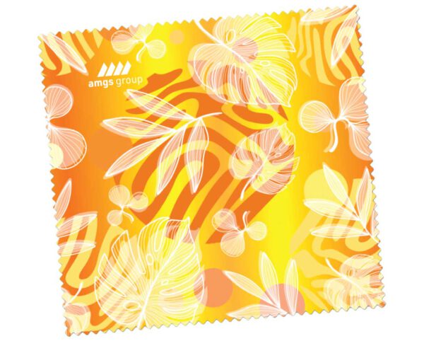 Yellow microfiber cloth with botanical design and full-color branding from AMGS Group.