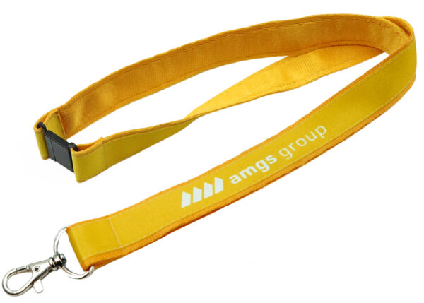 Double-layer lanyard with safety breakaway with yellow sublimated top strap and safety breakaway clasp, finished with a carabiner, from AMGS Group.