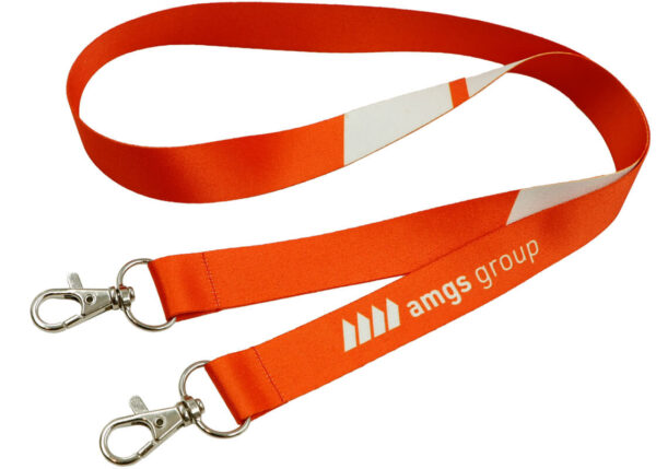 Red polyester lanyard with two hooks and sublimation print. A professional promotional item for brand visibility, available at AMGS Group.