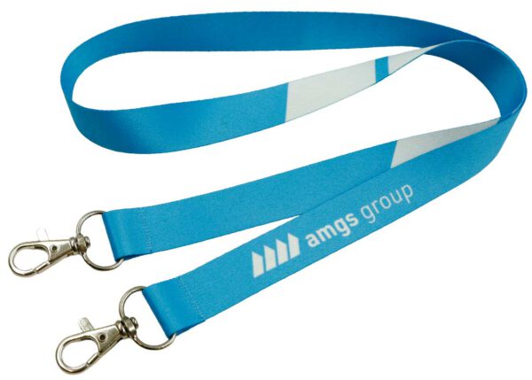 Polyester neck lanyard with double hooks and high-quality sublimation print – perfect for events and everyday use. From AMGS Group.