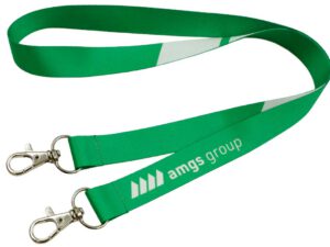 Neck lanyard made of polyester with double hooks and sublimation print. Dual clip system keeps two-hole ID badges securely in place and prevents twisting. From AMGS Group