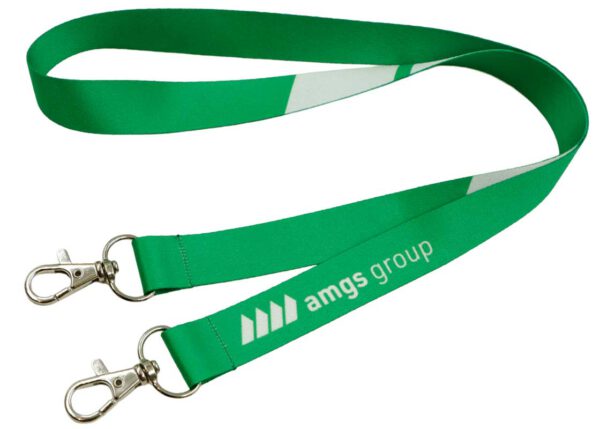 Neck lanyard made of polyester with double hooks and sublimation print. Dual clip system keeps two-hole ID badges securely in place and prevents twisting. From AMGS Group