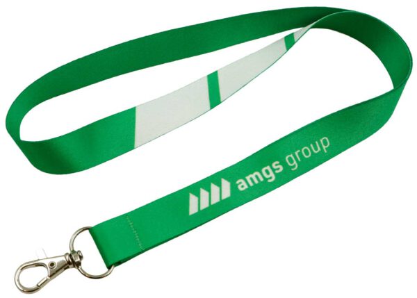Forest green polyester lanyard with striking white accents and carabiner, ideal for fresh corporate design and events. Available at AMGS Group.
