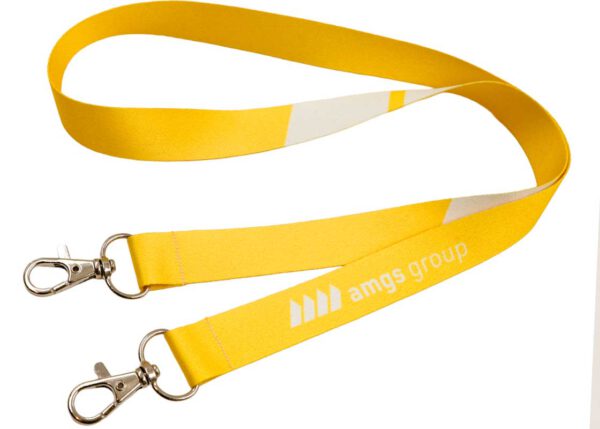 Durable polyester neck lanyard with double hooks and vibrant yellow sublimation print – perfect for secure badge or accessory attachment. Available at AMGS Group