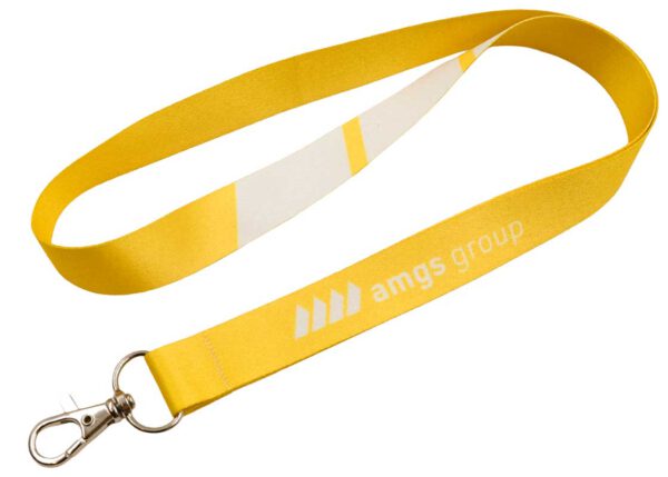 Bright yellow polyester lanyard with white stripes and carabiner, ideal for maximum brand visibility at events. Available at AMGS Group.