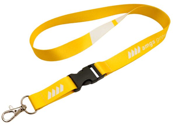 Bright yellow polyester lanyard with quick-release buckle and vibrant print – perfect for promotional use. Available at AMGS Group.