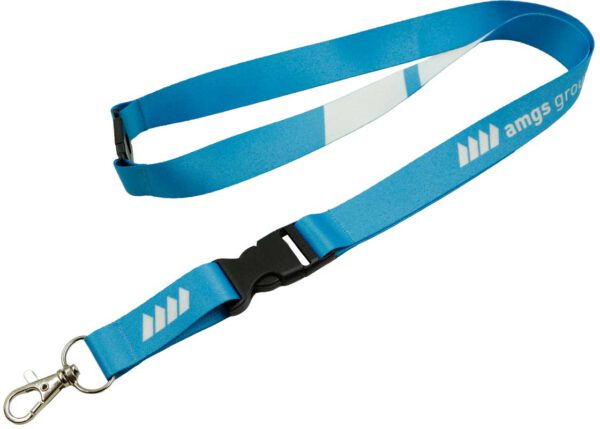 Flexible light blue polyester lanyard with quick-release buckle and safety breakaway – ideal for everyday use. Available at AMGS Group.