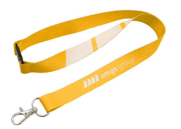 Custom Printed Lanyard with Safety Breakaway mechanism that disconnects under sudden pull. Sublimation print. AMGS Group.