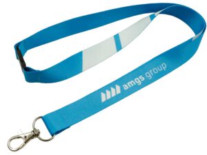 Eco-friendly rPET lanyard featuring a secure safety breakaway and vibrant blue print – perfect for sustainable branding. Available at AMGS Group.