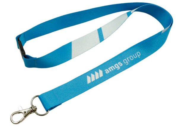 Eco-friendly rPET lanyard featuring a secure safety breakaway and vibrant blue print – perfect for sustainable branding. Available at AMGS Group.
