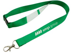 rPET lanyard featuring a secure safety breakaway and vibrant green print – perfect for sustainable branding. Available at AMGS Group.