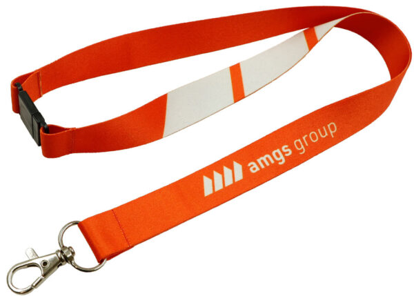 Red polyester lanyard with breakaway mechanism to providing user safety. AMGS Group.