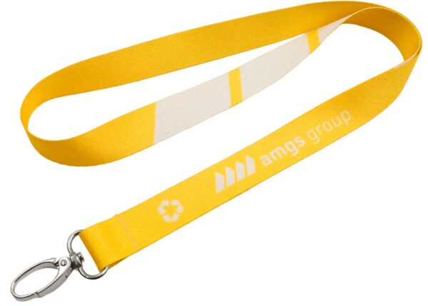 Eco-friendly rPET lanyard with print, designed to be worn around the neck. Available at AMGS Group.