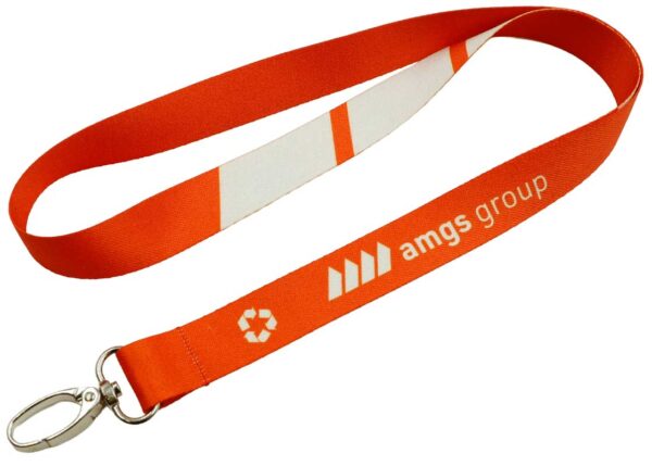 rPET lanyard with double-sided sublimation print and metal hook. Red sublimation print. Available exclusively at AMGS Group.