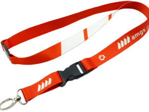 Custom rPET Lanyard With Safety Breakaway and Buckle. Red rPET lanyard with safety breakaway and quick-release buckle, ideal for eco-friendly branding and events. Available at AMGS Group.