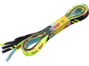 Personalized rPET shoelaces bundled with a custom printed label and colorful artwork. Product available from AMGS Group.