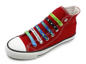 A red sneaker showing the various rPET lace patterns available from AMGS Group.