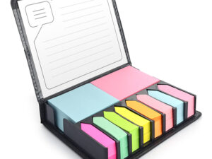 Sticky notes set PODI with logo in black case, B2B gift with engraved company logo on metal plate, customizable branding.