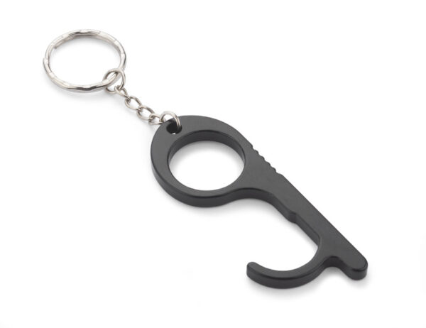Portachiavi ANTI-TOUCH in alluminio nero – accessorio promozionale igienico con logo personalizzato.