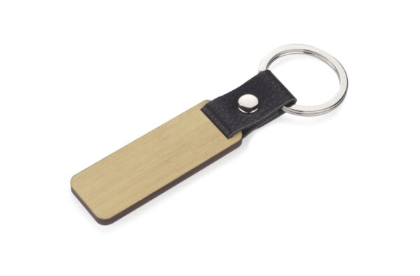Eco keychain HOLZ made of bamboo with leather strap – sustainable corporate gift.