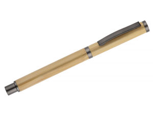Customised Bamboo DENI Pen with logo, natural bamboo body, graphite colour, refillable G2 insert.