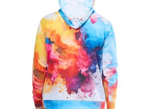 Men’s personalized Termoactive kangaroo hoodie with colorful sublimation pattern. Back view, fully printed with hood. Order now at AMGS Group.