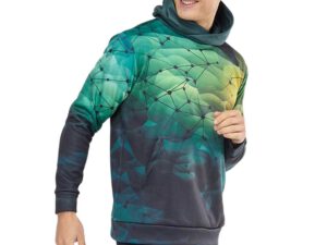 Bespoke kangaroo hoodie with sublimation print. Kangaroo hoodie with all-over bespoke sublimation print showcasing unique brand graphics. AMGS Group